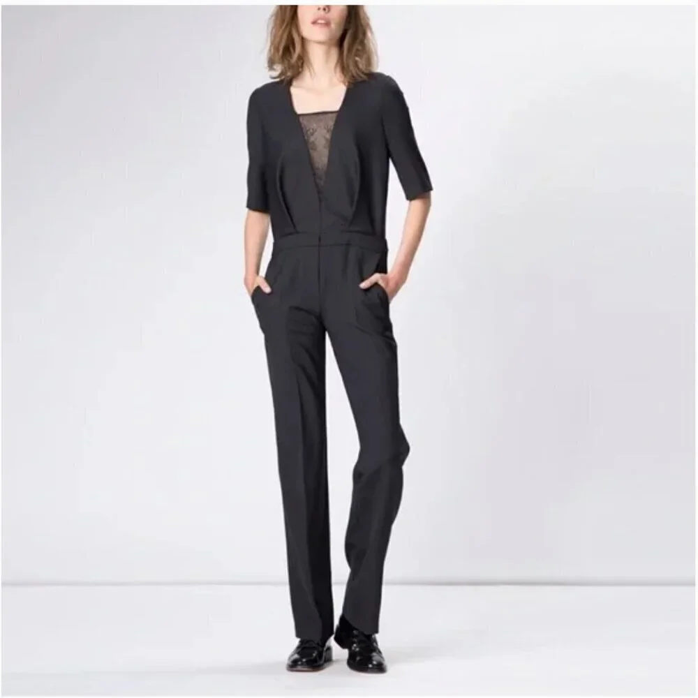 Maje Kaaris Jumpsuit One Piece Romper Deep V Lace Trim Pockets Black Size 38